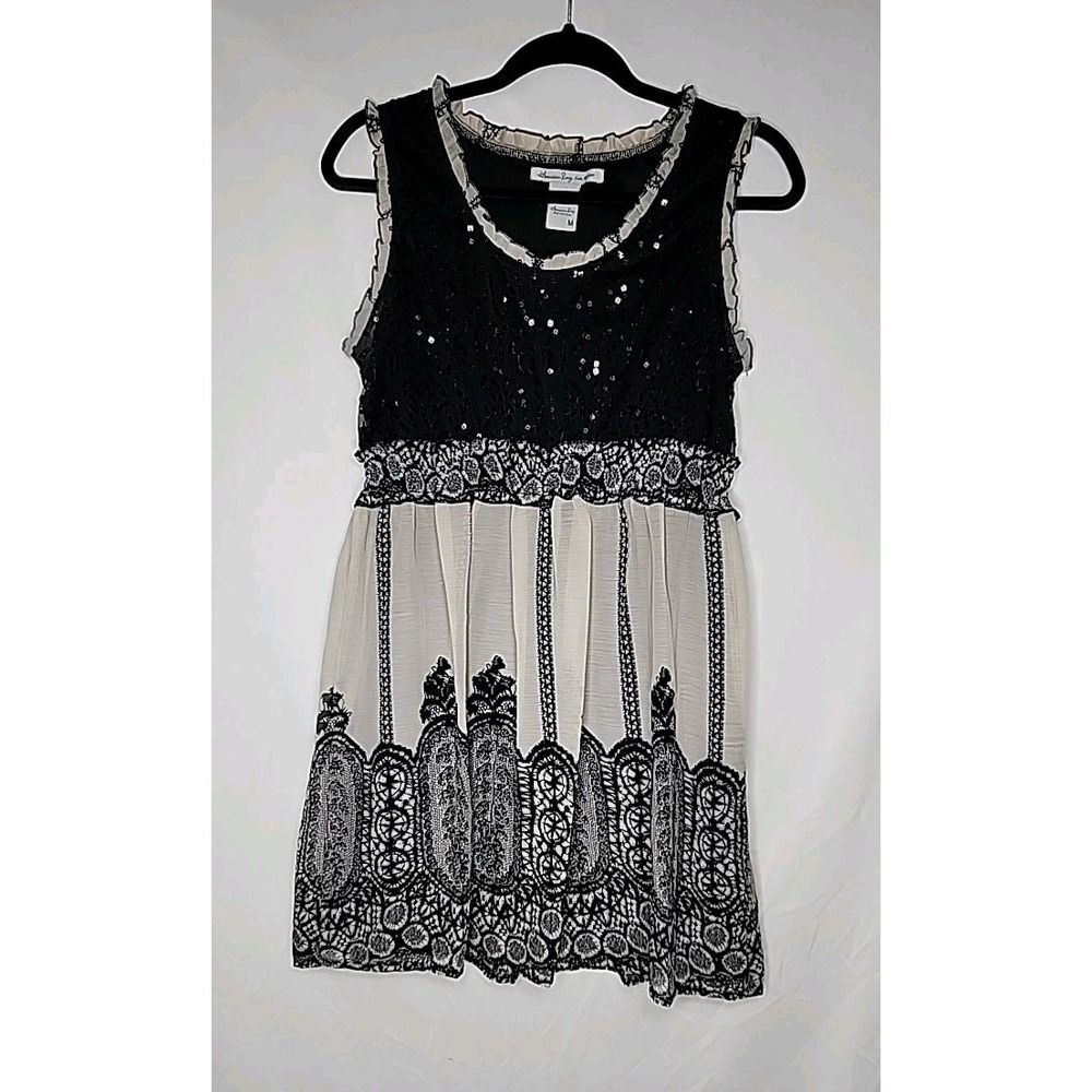 American Rag Junior Sequin Lace Dress Size Medium Black & Beige Embellished